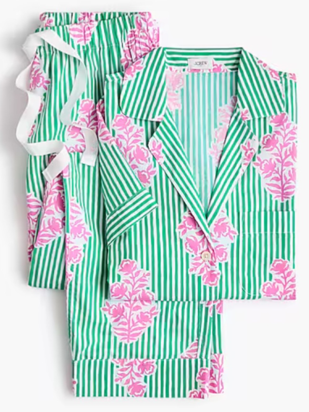 NWT J. Crew Green & Pink Striped Floral Pajama Set (Size Small) Cotton